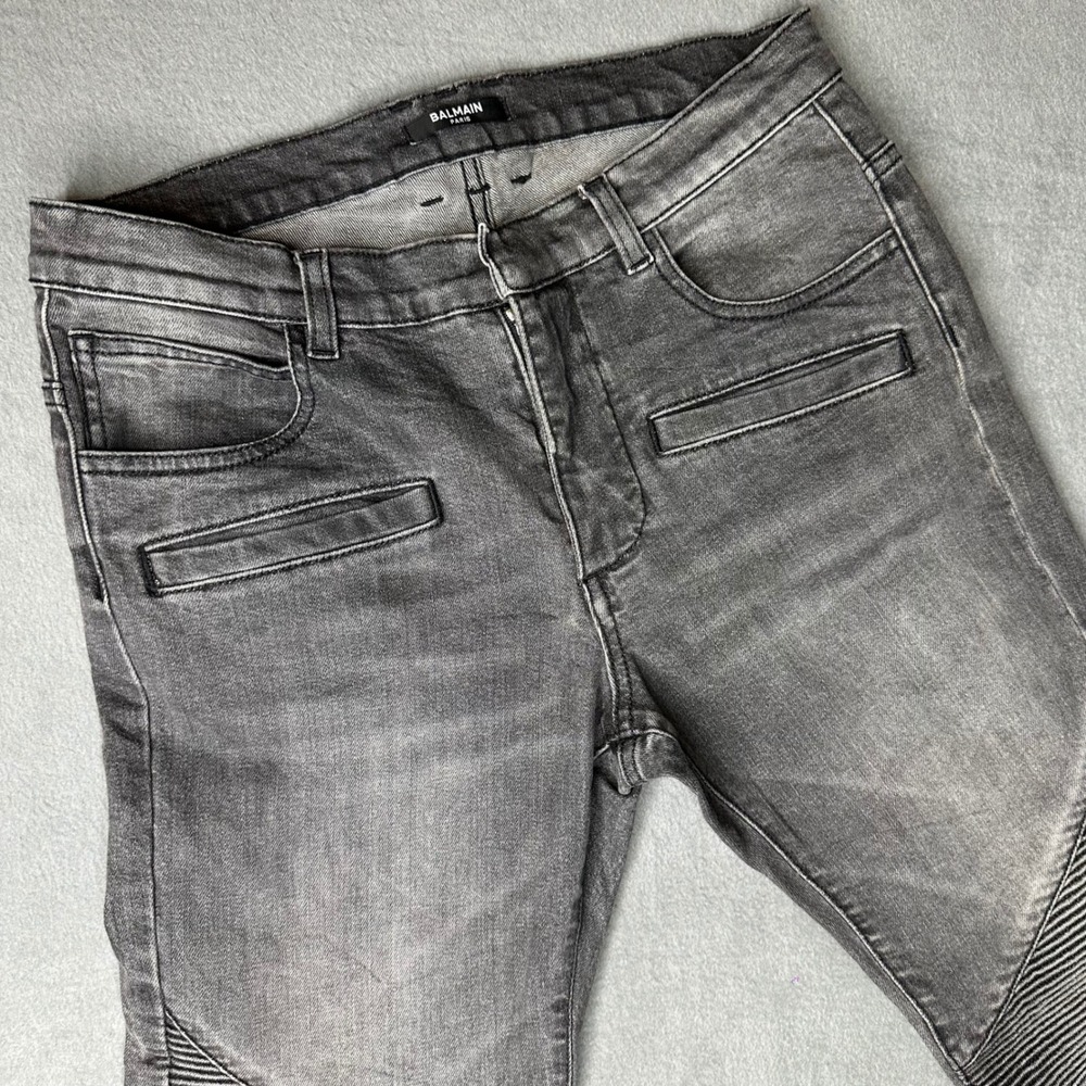 Balmain Biker Jeans Mens 27 Grey Ribbed Moto Slim Fit Italy 6N5650‎ NA320